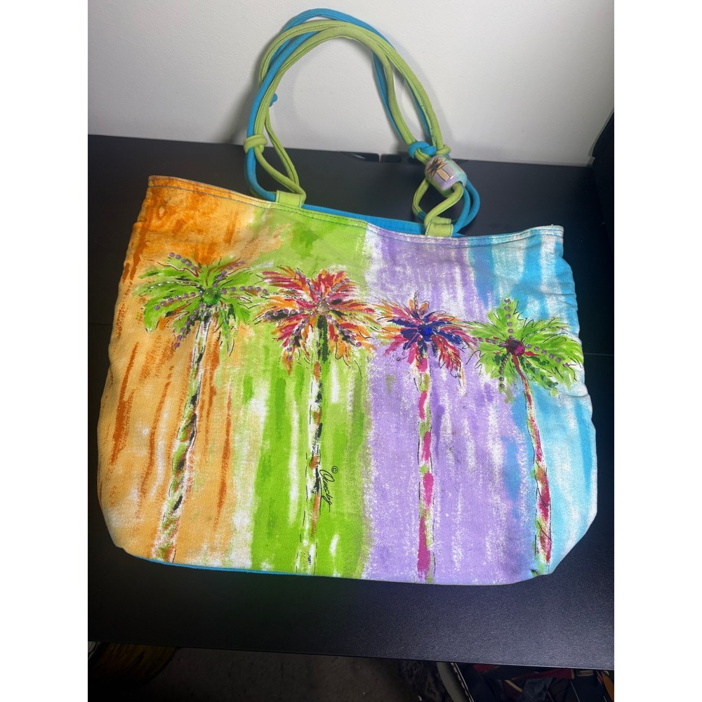 Ann Ormsby Palm Tree Rhinestone Canvas Tote Bag Tropical Beach Multicolored